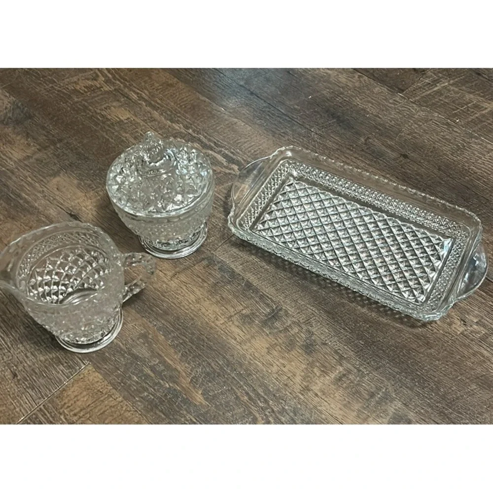 Vintage Anchor Hocking Wexford Clear Glass Creamer And Sugar Set, with Tray